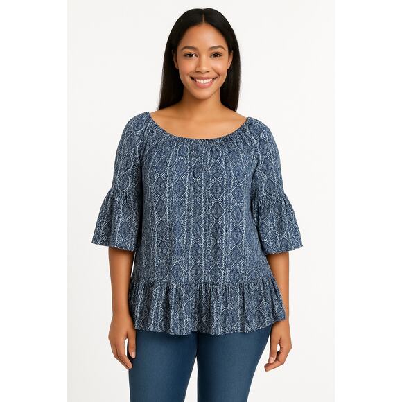 Boho Ruffle Hem Peasant Top Blue Paisley Print Style & Co XL - Picture 1 of 5